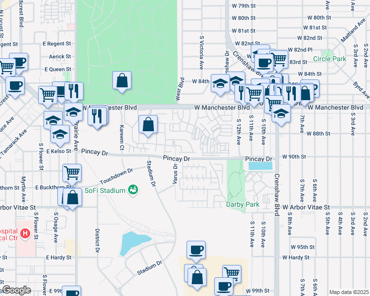 map of restaurants, bars, coffee shops, grocery stores, and more near 8813 Glendover Way in Inglewood