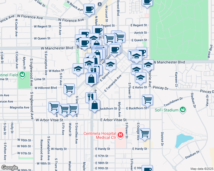map of restaurants, bars, coffee shops, grocery stores, and more near 229 East Tamarack Avenue in Inglewood