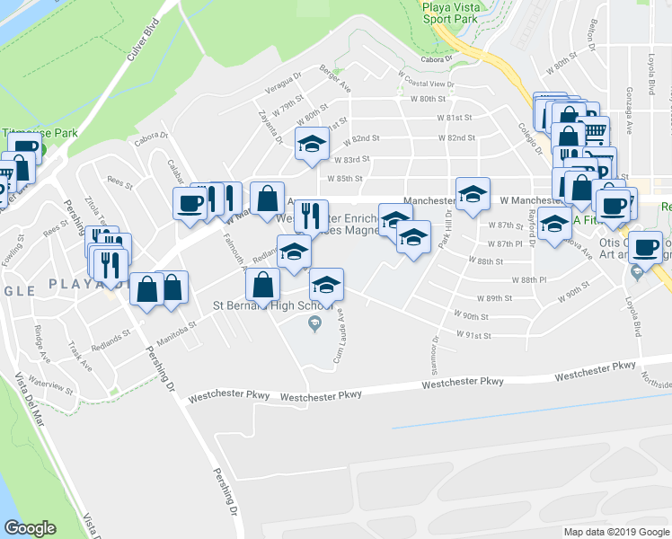 map of restaurants, bars, coffee shops, grocery stores, and more near 8650 Gulana Avenue in Los Angeles
