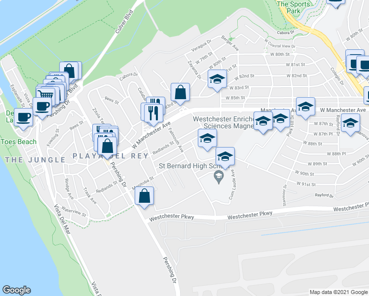 map of restaurants, bars, coffee shops, grocery stores, and more near 8050 Redlands Street in Los Angeles