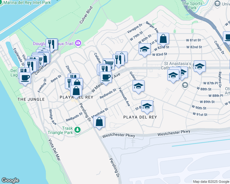map of restaurants, bars, coffee shops, grocery stores, and more near 8135 Redlands Street in Los Angeles