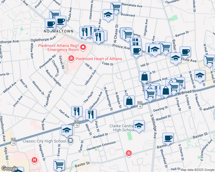map of restaurants, bars, coffee shops, grocery stores, and more near 150 Glenhaven Avenue in Athens