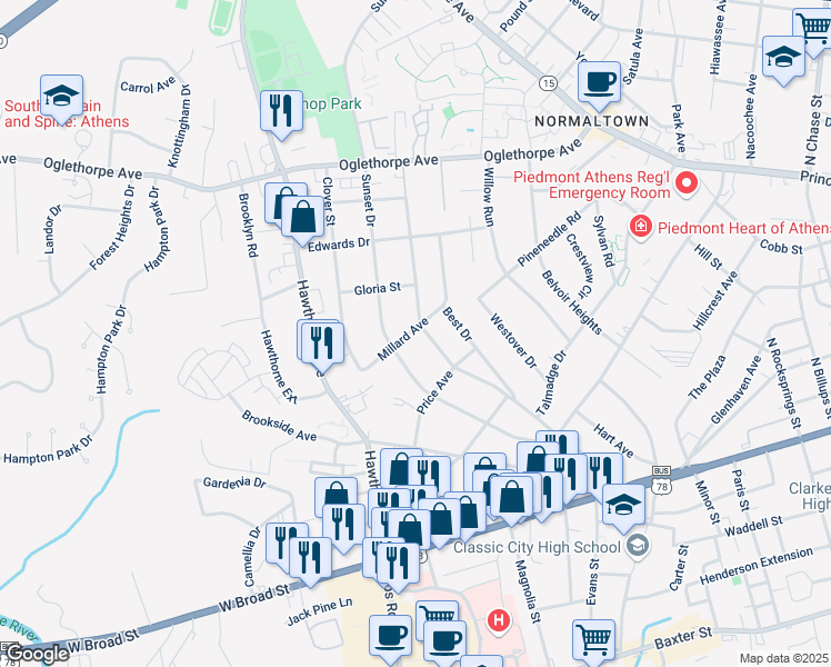 map of restaurants, bars, coffee shops, grocery stores, and more near 230 Millard Street in Athens