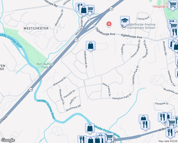 map of restaurants, bars, coffee shops, grocery stores, and more near 110 Valleybrook Dr in Athens