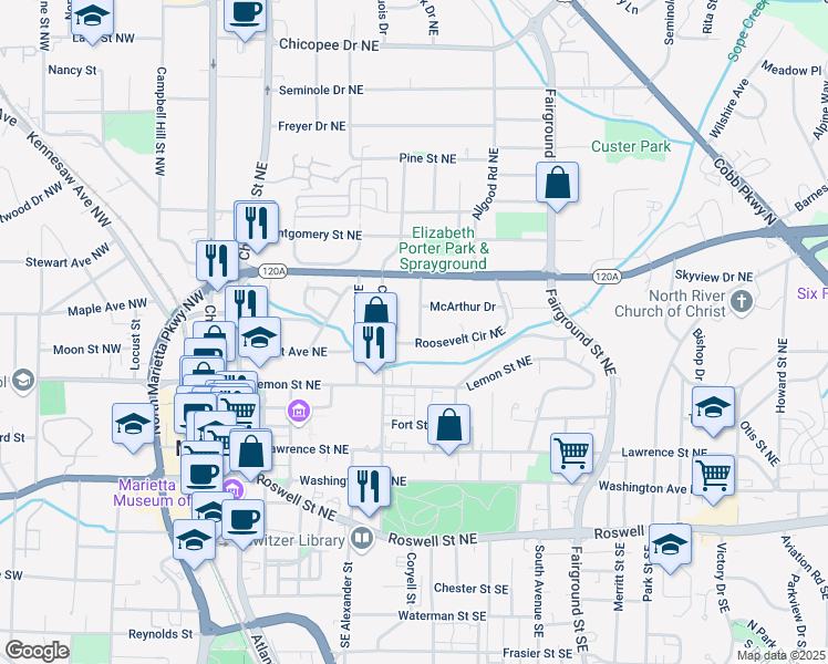 map of restaurants, bars, coffee shops, grocery stores, and more near 230 Cole Street Northeast in Marietta