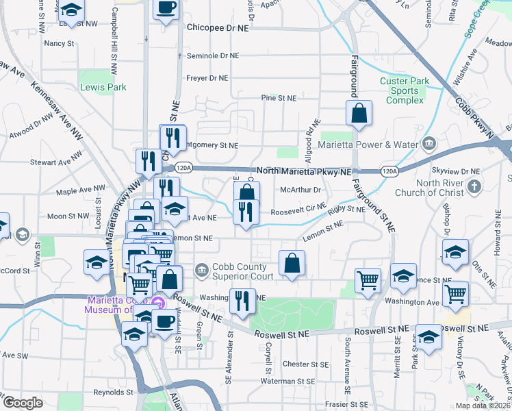 map of restaurants, bars, coffee shops, grocery stores, and more near 230 Cole Street Northeast in Marietta