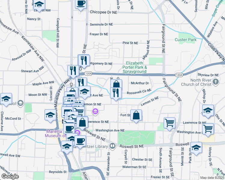 map of restaurants, bars, coffee shops, grocery stores, and more near 232 Hunt Street Northeast in Marietta