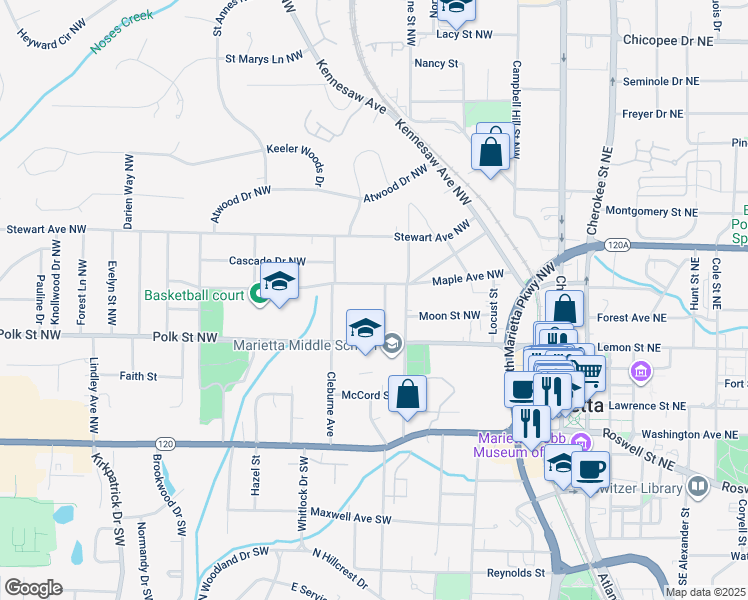 map of restaurants, bars, coffee shops, grocery stores, and more near 207 Walthall Street in Marietta