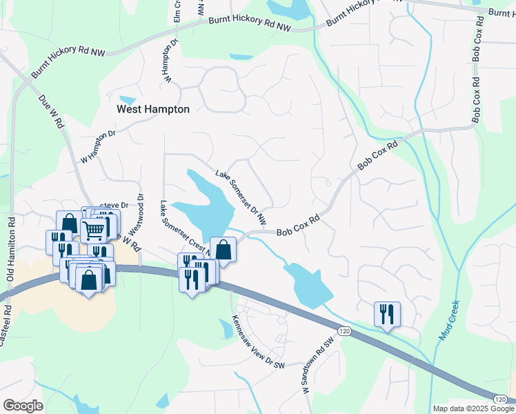 map of restaurants, bars, coffee shops, grocery stores, and more near 105 Woodmeade Way Northwest in Marietta