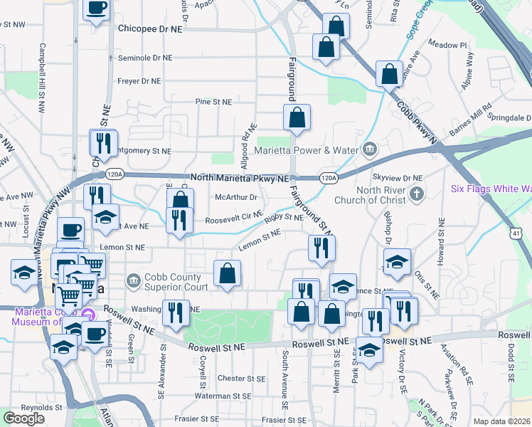 map of restaurants, bars, coffee shops, grocery stores, and more near 446 Roosevelt Circle Northeast in Marietta