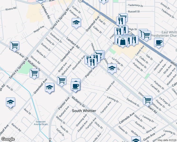 map of restaurants, bars, coffee shops, grocery stores, and more near 13328 Danbrook Drive in Whittier