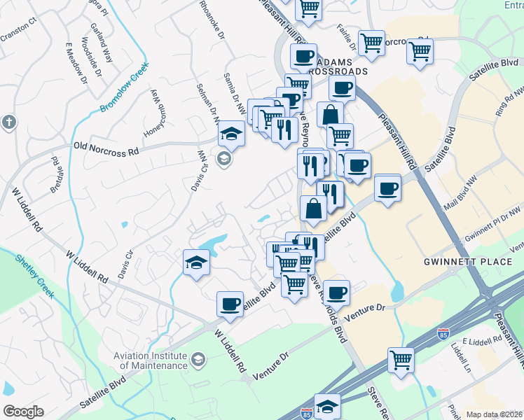 map of restaurants, bars, coffee shops, grocery stores, and more near 3891 Dandridge Way Northwest in Duluth