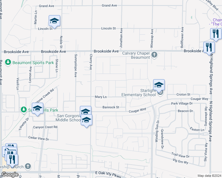 map of restaurants, bars, coffee shops, grocery stores, and more near 1676 Milford Way in Beaumont