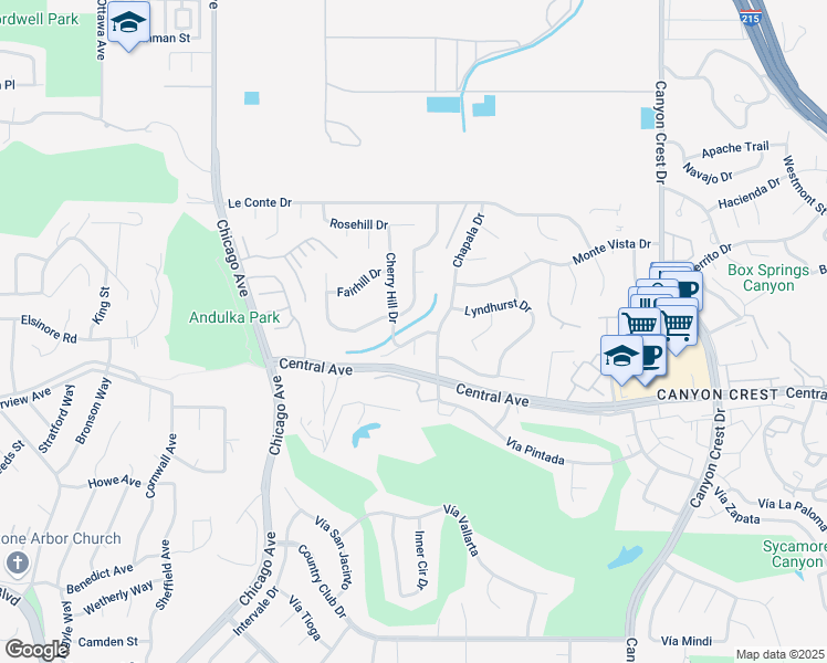 map of restaurants, bars, coffee shops, grocery stores, and more near 1331 Grovehill Drive in Riverside