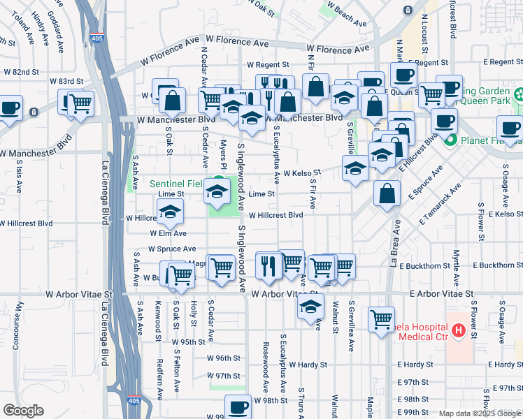 map of restaurants, bars, coffee shops, grocery stores, and more near 323 West Hillcrest Boulevard in Inglewood