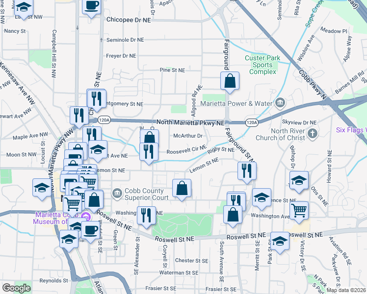 map of restaurants, bars, coffee shops, grocery stores, and more near 365 Roosevelt Circle Northeast in Marietta