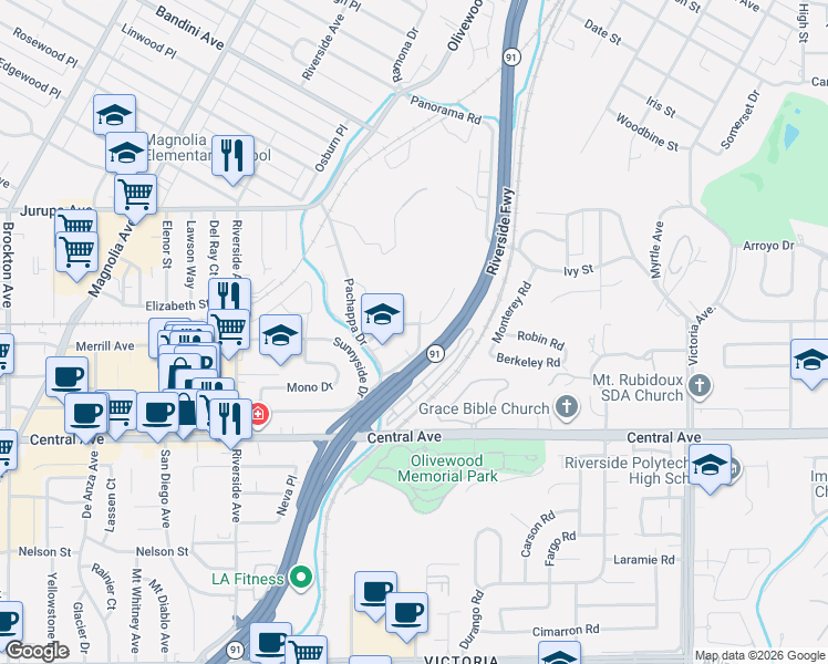 map of restaurants, bars, coffee shops, grocery stores, and more near 3300 Gibraltar Drive in Riverside