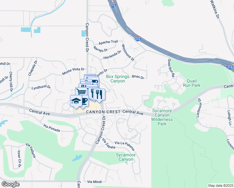 map of restaurants, bars, coffee shops, grocery stores, and more near 573 Vía Pueblo in Riverside