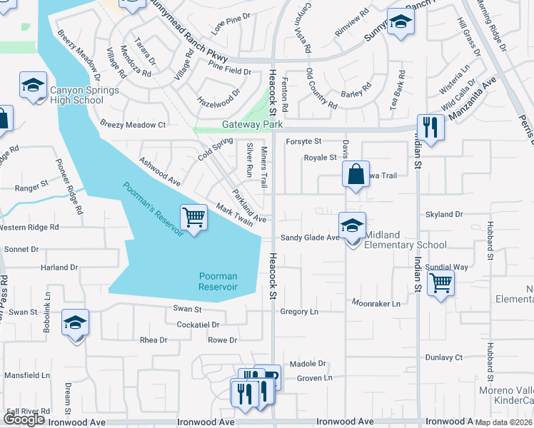 map of restaurants, bars, coffee shops, grocery stores, and more near 11280 Miners Trail in Moreno Valley