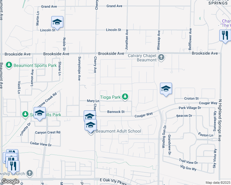 map of restaurants, bars, coffee shops, grocery stores, and more near 1676 Milford Way in Beaumont