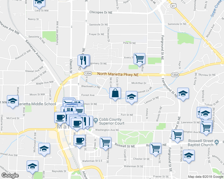 map of restaurants, bars, coffee shops, grocery stores, and more near 232 Hunt Street Northeast in Marietta
