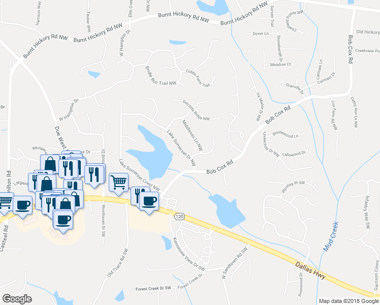 map of restaurants, bars, coffee shops, grocery stores, and more near 105 Woodmeade Way Northwest in Marietta