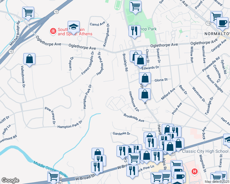 map of restaurants, bars, coffee shops, grocery stores, and more near 195 New Hope Drive in Athens