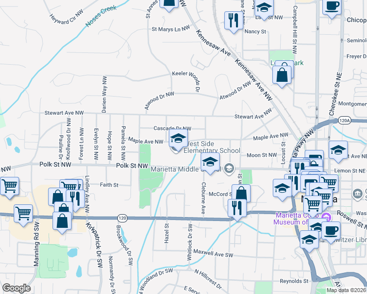 map of restaurants, bars, coffee shops, grocery stores, and more near 344 Polk Street Northwest in Marietta