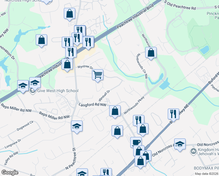 map of restaurants, bars, coffee shops, grocery stores, and more near 5459 Wynhall Drive in Norcross