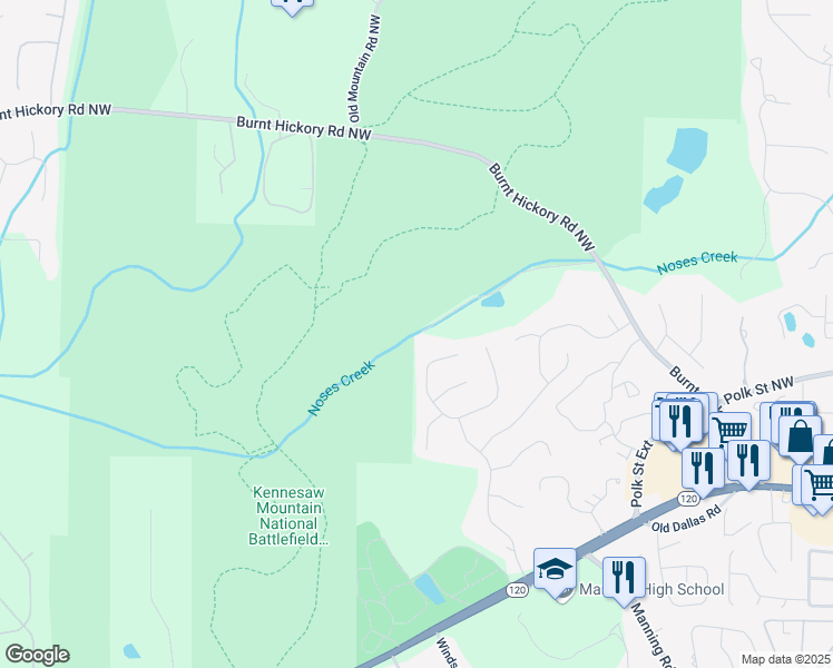 map of restaurants, bars, coffee shops, grocery stores, and more near 1121 Burnt Hickory Road Northwest in Marietta