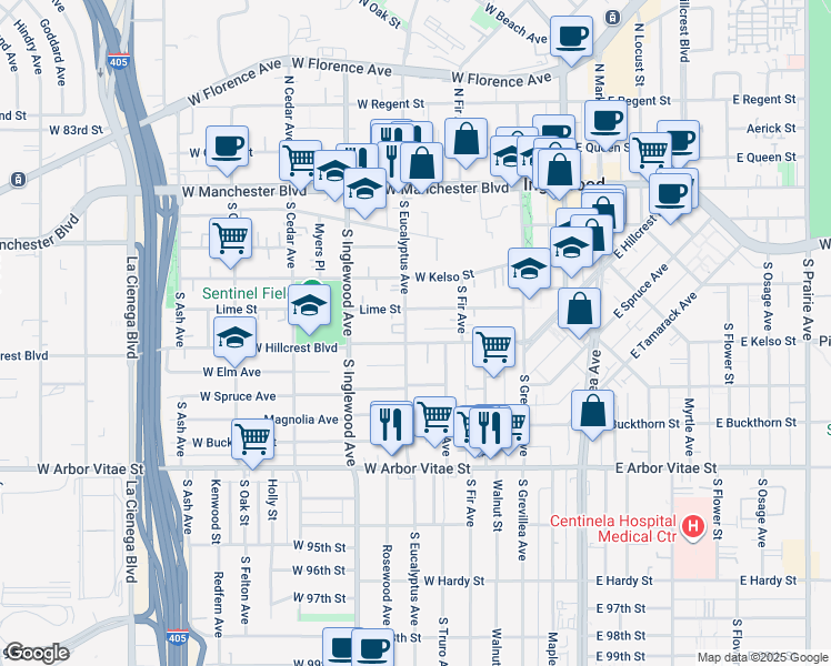 map of restaurants, bars, coffee shops, grocery stores, and more near 235 West Hillcrest Boulevard in Inglewood