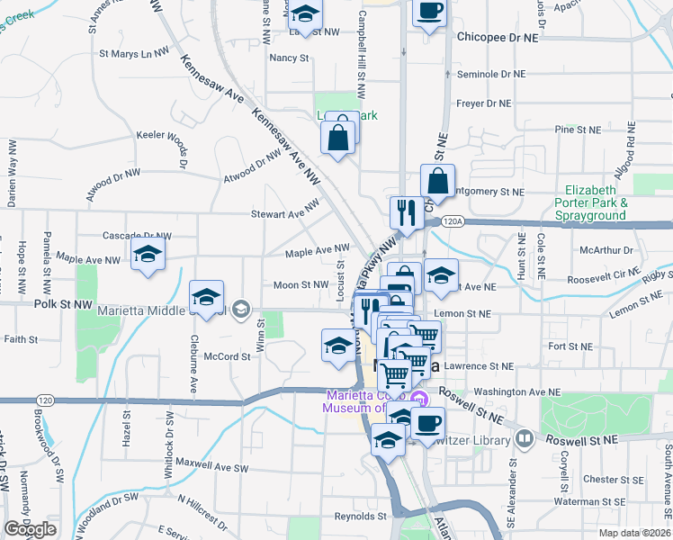 map of restaurants, bars, coffee shops, grocery stores, and more near 213 Locust Street in Marietta