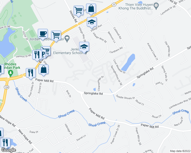map of restaurants, bars, coffee shops, grocery stores, and more near 388 Springbottom Court Southeast in Lawrenceville