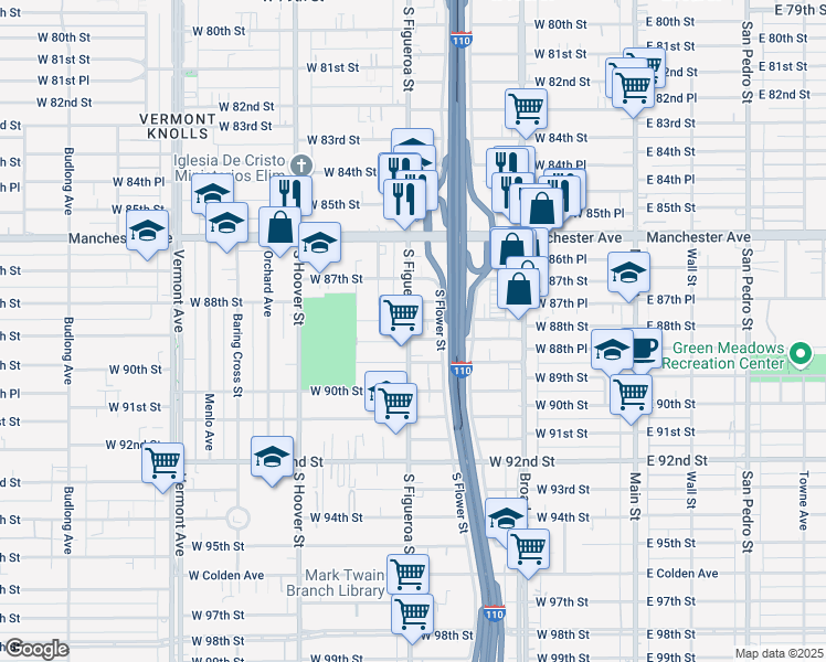 map of restaurants, bars, coffee shops, grocery stores, and more near 8810 South Figueroa Street in Los Angeles