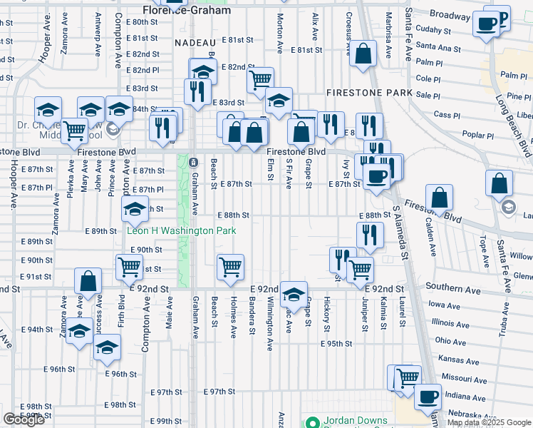 map of restaurants, bars, coffee shops, grocery stores, and more near 1873 East 88th Street in Los Angeles