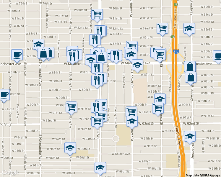 map of restaurants, bars, coffee shops, grocery stores, and more near 8830 Menlo Avenue in Los Angeles