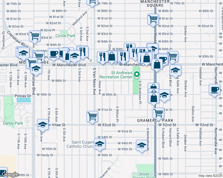 map of restaurants, bars, coffee shops, grocery stores, and more near 8835 S Wilton Pl in Los Angeles