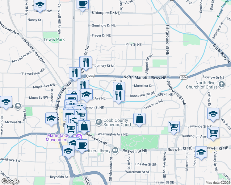 map of restaurants, bars, coffee shops, grocery stores, and more near 232 Hunt Street Northeast in Marietta