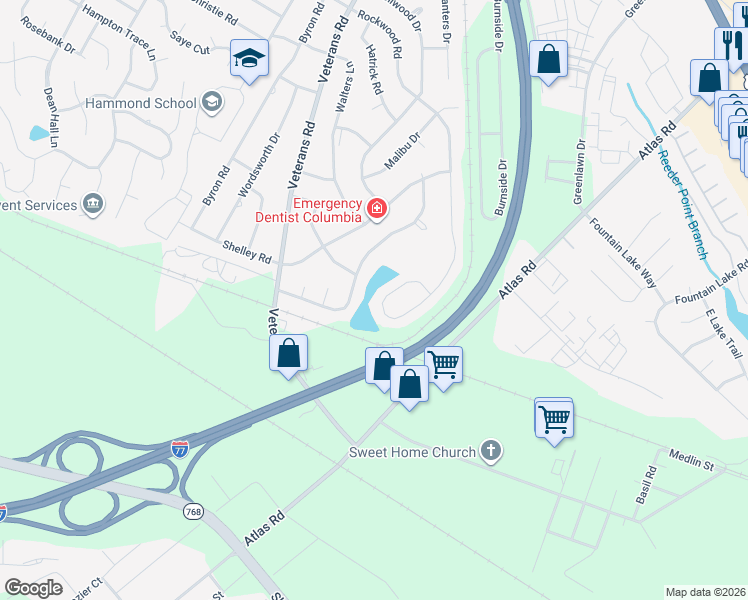map of restaurants, bars, coffee shops, grocery stores, and more near 1244 Rockwood Rd in Columbia