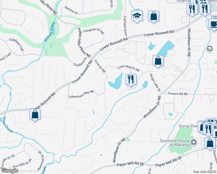 map of restaurants, bars, coffee shops, grocery stores, and more near 300 Lakeshore Drive Northeast in Marietta