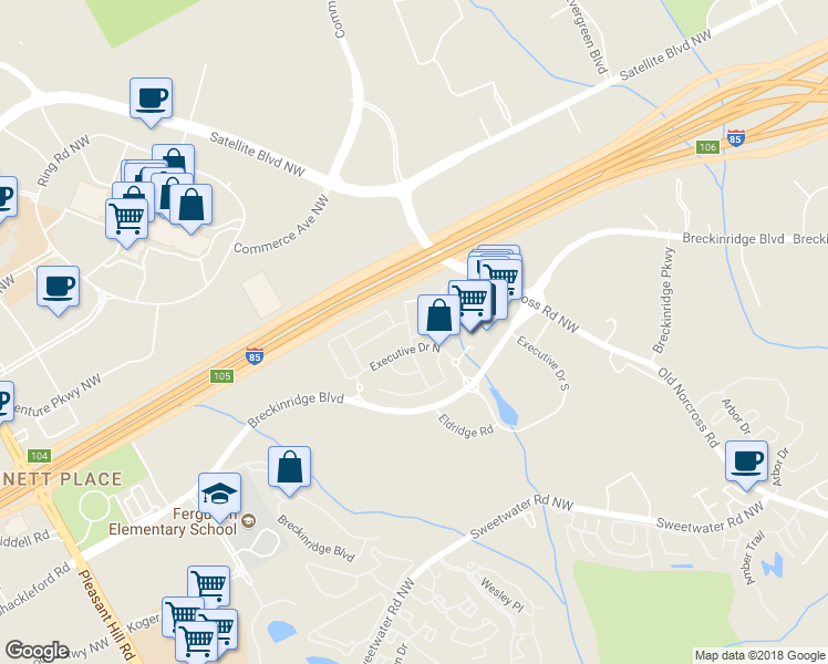 map of restaurants, bars, coffee shops, grocery stores, and more near 3199 Creston Park Court in Duluth