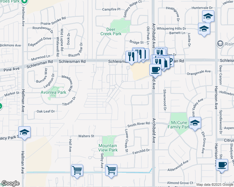 map of restaurants, bars, coffee shops, grocery stores, and more near in Eastvale