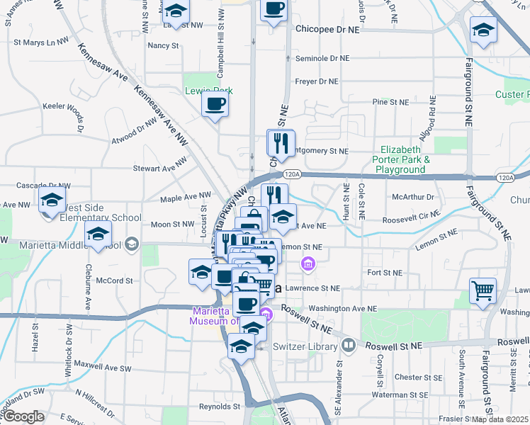 map of restaurants, bars, coffee shops, grocery stores, and more near 213 Cherokee Street Northeast in Marietta
