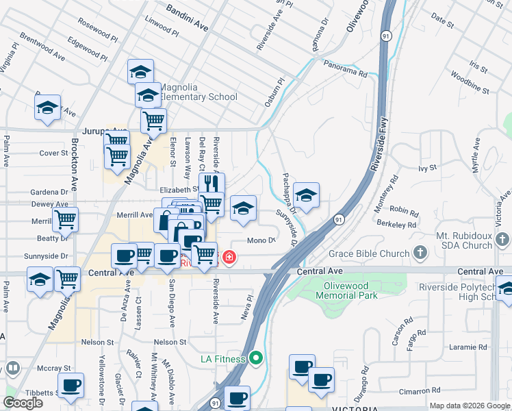 map of restaurants, bars, coffee shops, grocery stores, and more near 3346 Sunnyside Drive in Riverside