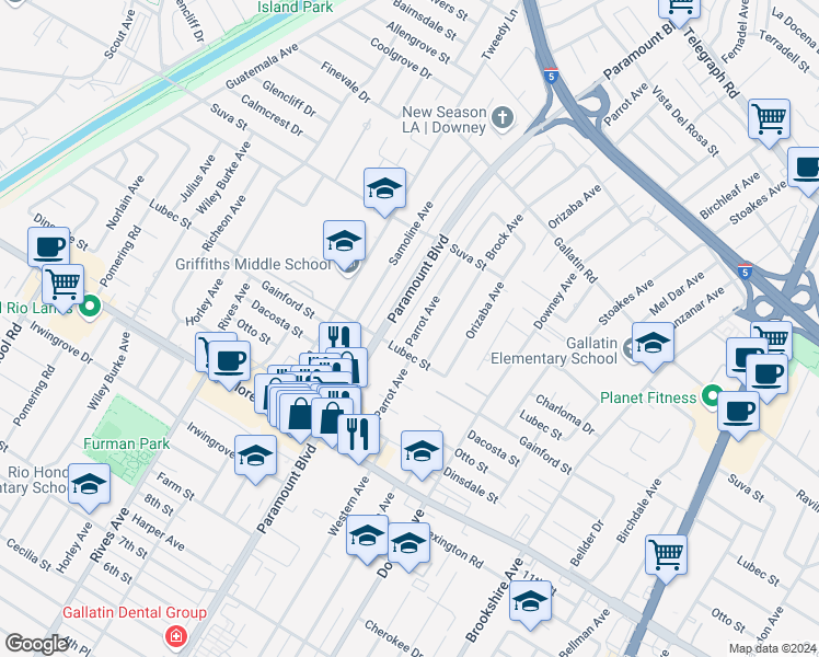 map of restaurants, bars, coffee shops, grocery stores, and more near 9709 Parrot Avenue in Downey