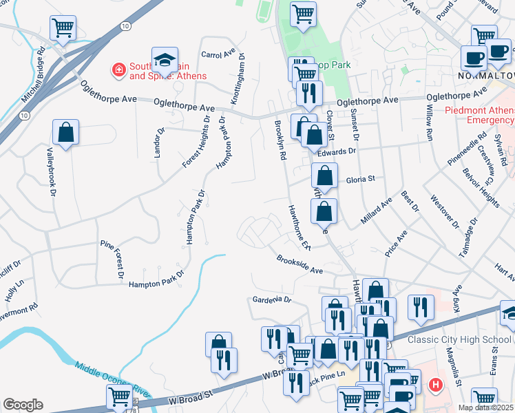 map of restaurants, bars, coffee shops, grocery stores, and more near 195 New Hope Drive in Athens
