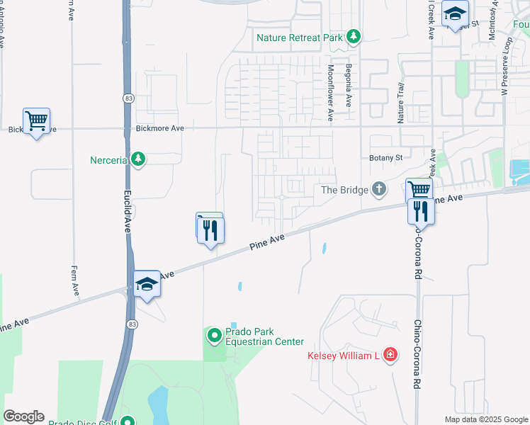map of restaurants, bars, coffee shops, grocery stores, and more near 16351 Sandpiper Avenue in Chino