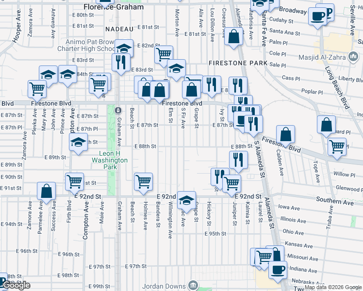 map of restaurants, bars, coffee shops, grocery stores, and more near 8741 South Fir Avenue in Los Angeles