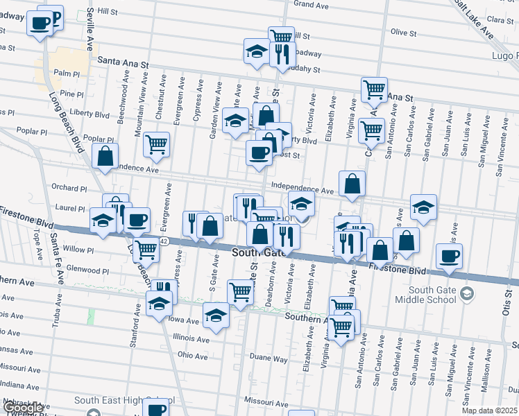 map of restaurants, bars, coffee shops, grocery stores, and more near 8629 State Street in South Gate