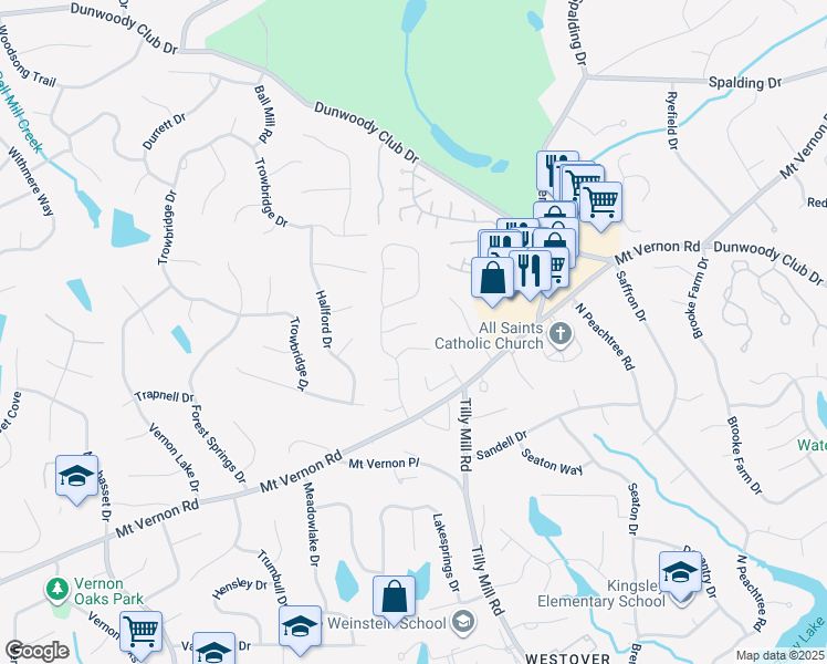 map of restaurants, bars, coffee shops, grocery stores, and more near 1957 Rotherham Way in Atlanta